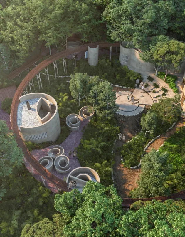 an aerial view of a building surrounded by trees, a digital rendering by Gao Cen, featured on dribble, land art, concept art, vray, rendered in cinema4d